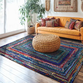 Room Bohemian Blue Polyester Braided Rectangular Rugs