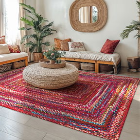Room Bohemian Red Polyester Braided Rectangular Rugs
