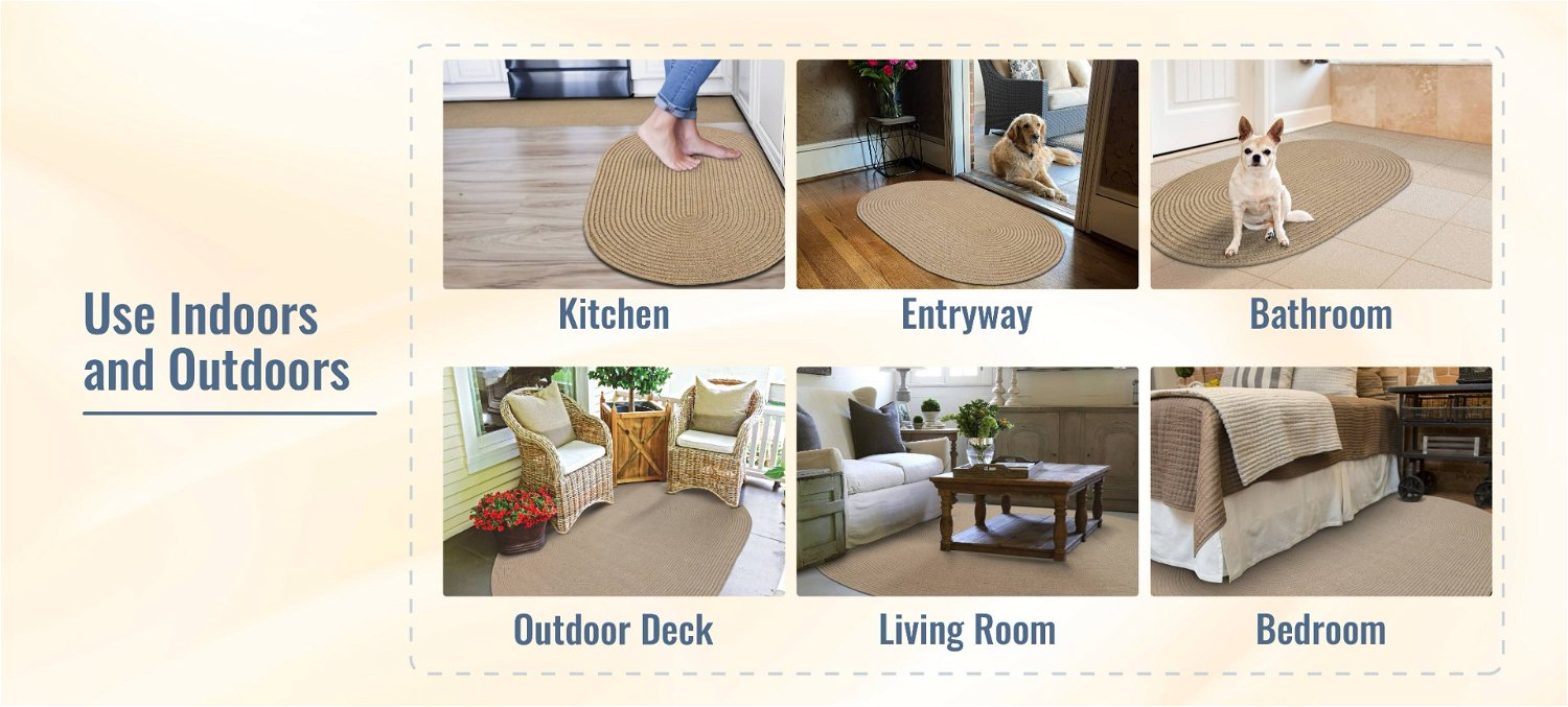 Biscuit Brown Oval Indoor/Outdoor Braided Rug can be used anywhere 