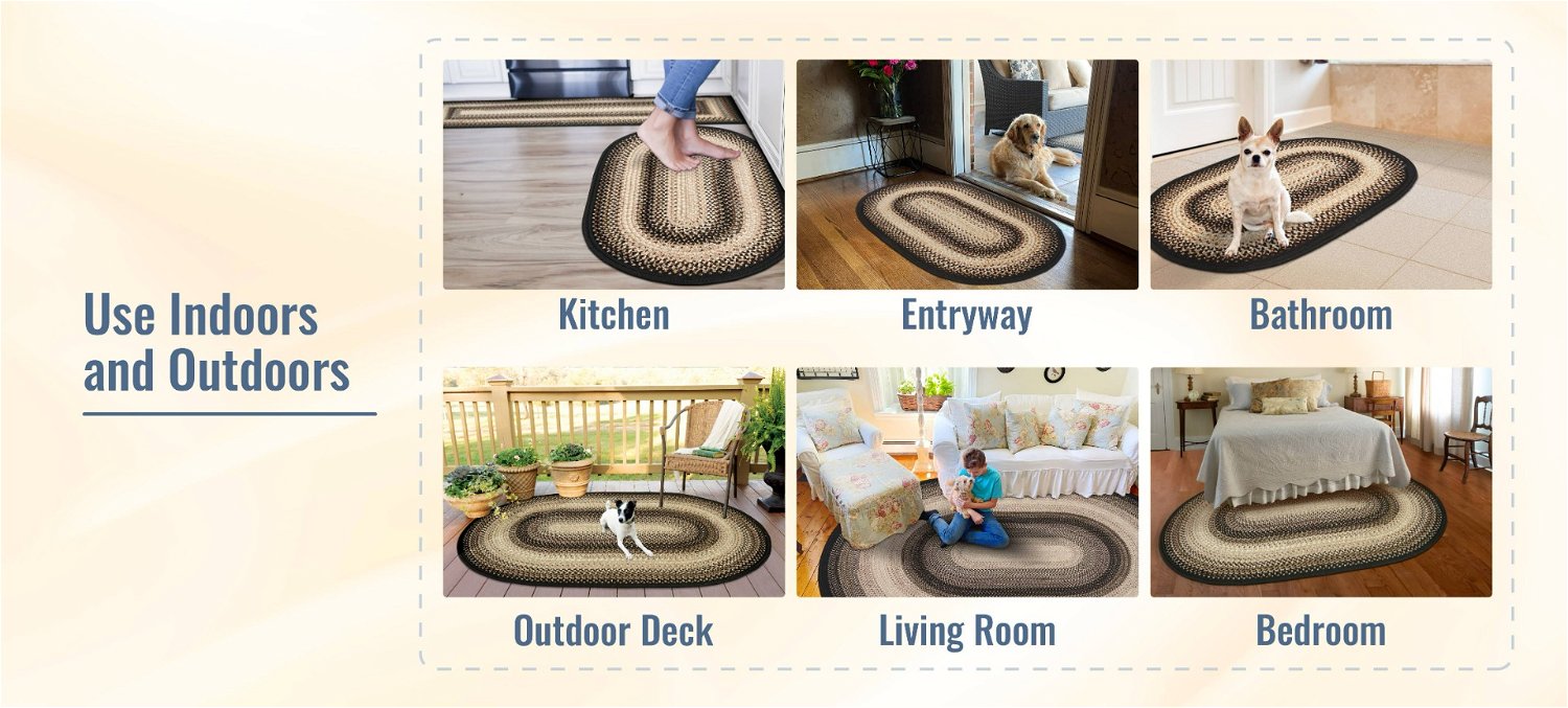 Black Mist Black-Brown-Cream Oval Indoor/outdoor Braided Rug can be used anywhere