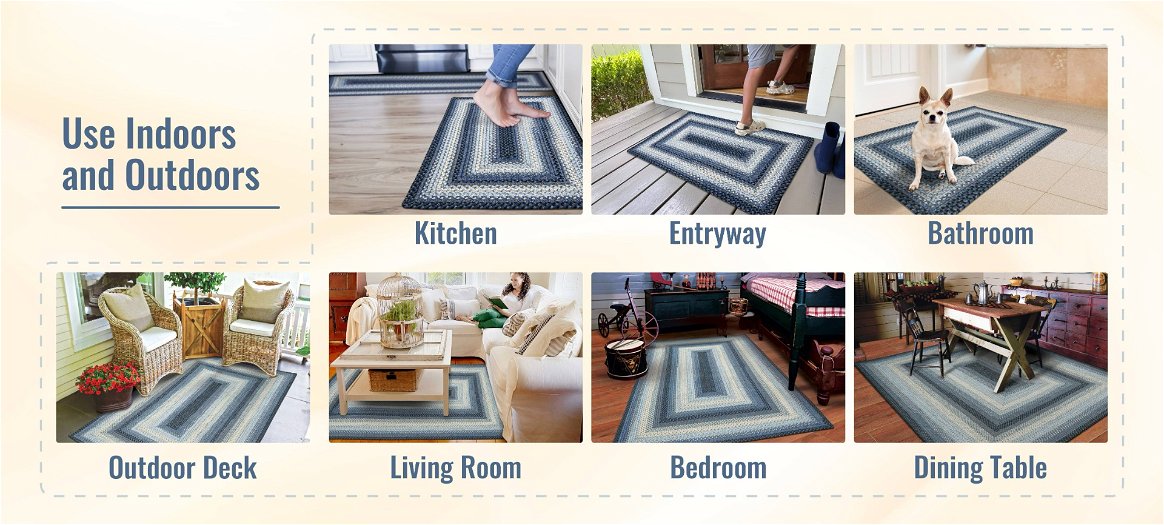 Juniper Blue Braided Rectangular Rug can be used anywhere Indoor/Outdoor