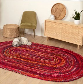Room Bohemian Red Polyester Braided Oval Rugs