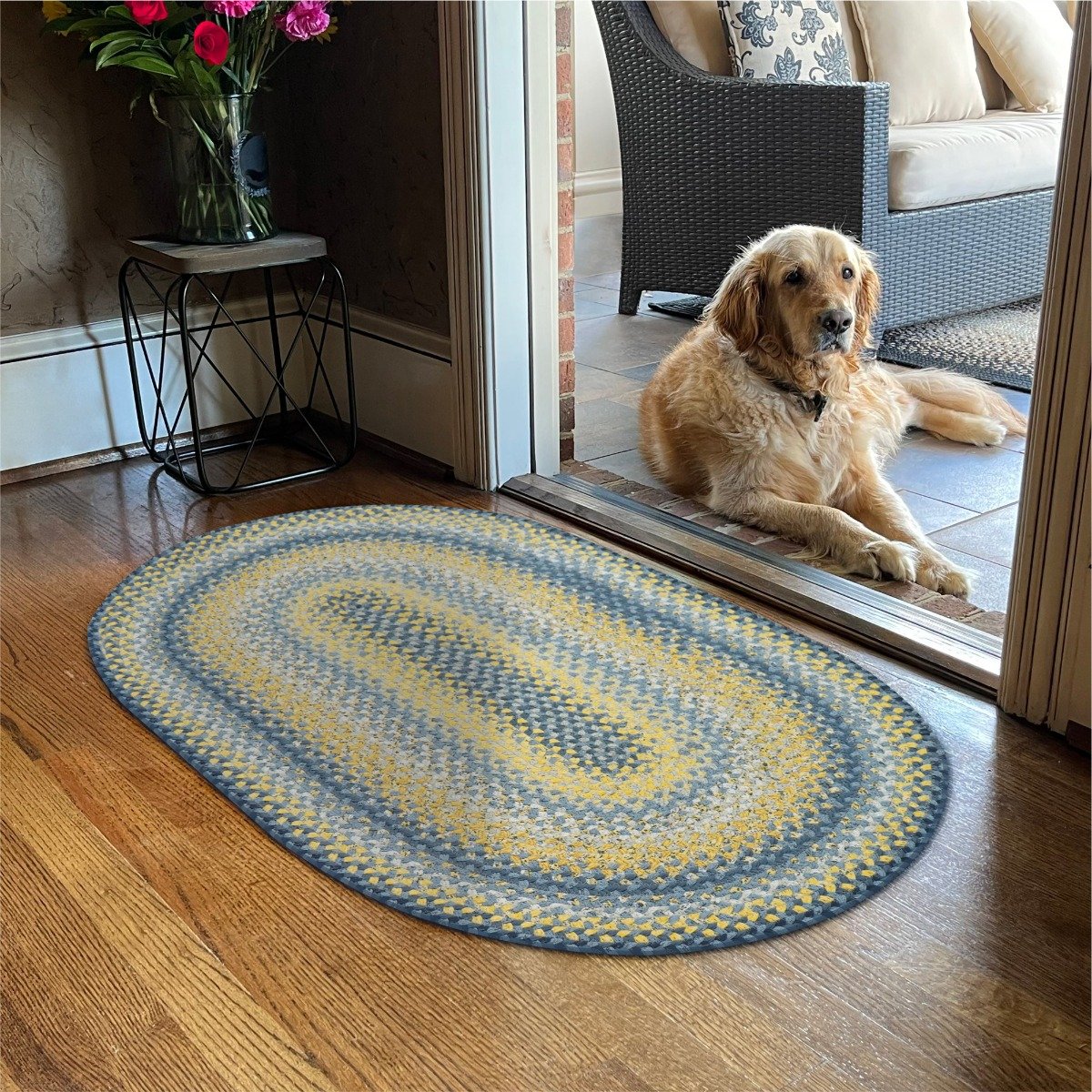 Sunflowers Bright Yellow-Blue Oval Cotton Braided Rugs Reversible