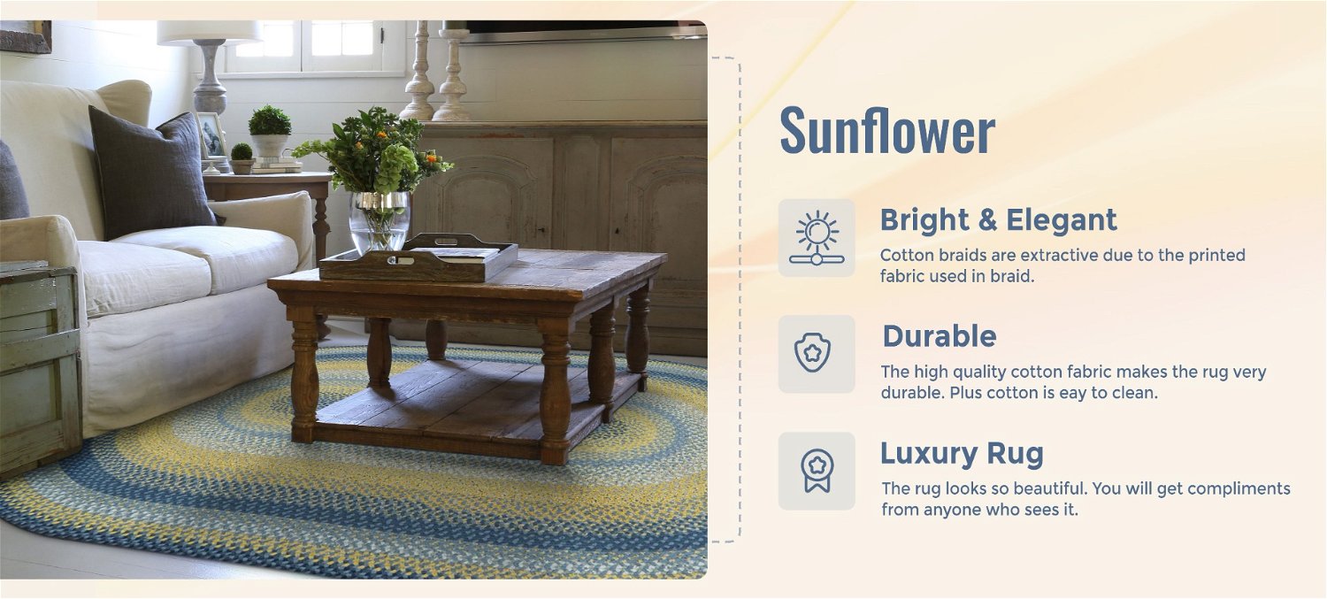 Sunflowers Blue - Gold Cotton Braided Oval Rug qualities